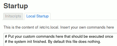 Editing the /etc/rc.local file in the OpenWRT web interface.